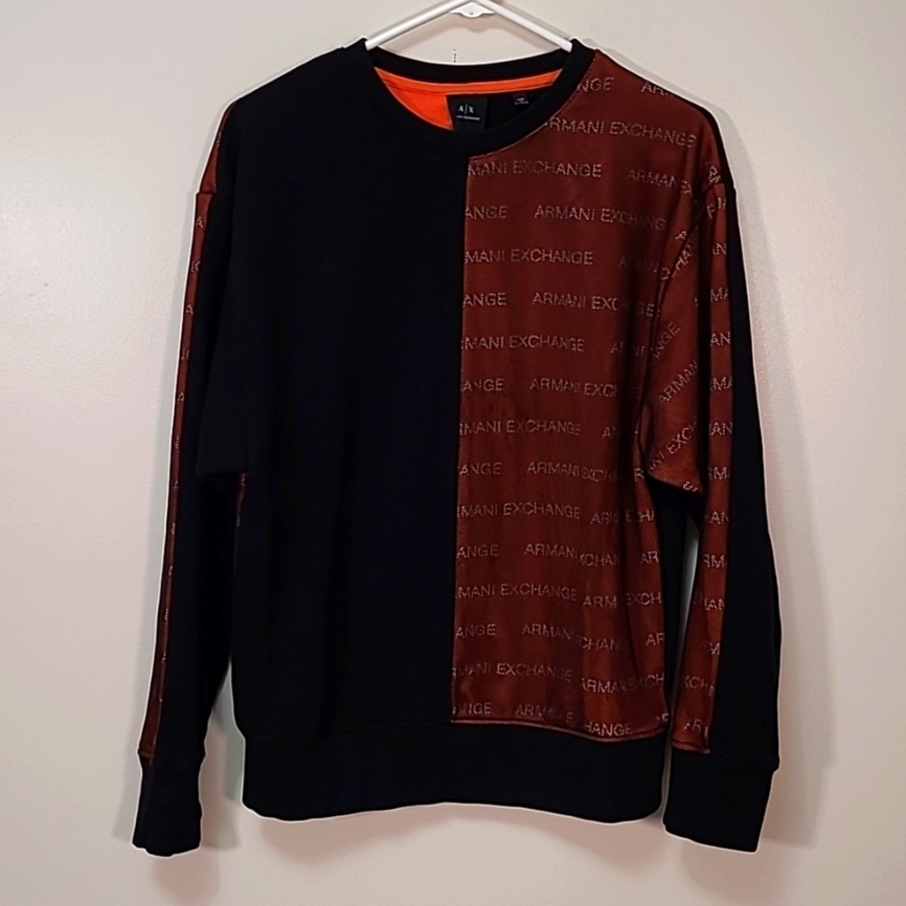 A|X Armani Exchange Orange & Black Crewneck Mesh Overlay Logo Size Small